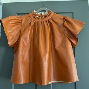 THML Flutter Sleeve Brown Vegan Leather Top XL